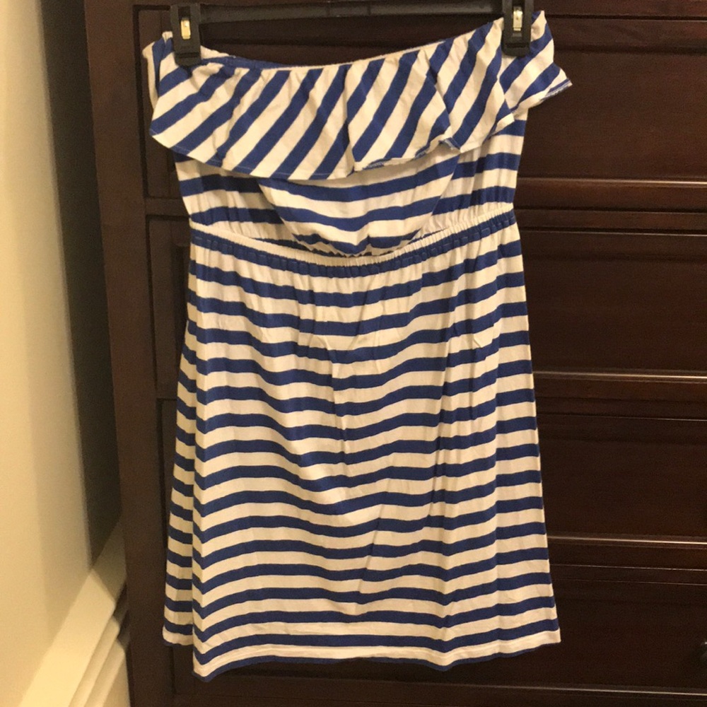 Blue and White Stripped Strapless Dress